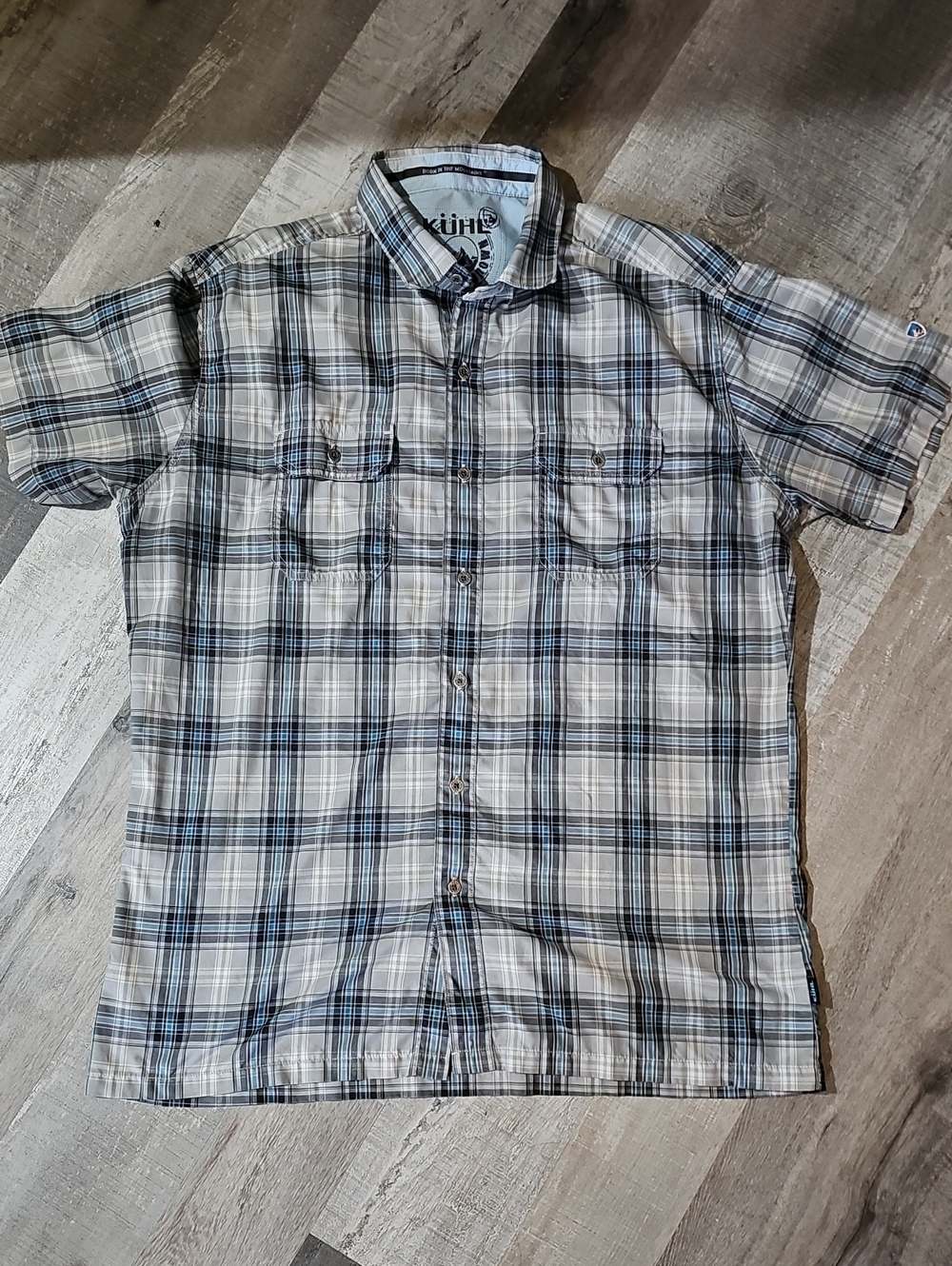 Kuhl Men's Short-Sleeve Plaid Button-Down Shirt in Gray and Blue